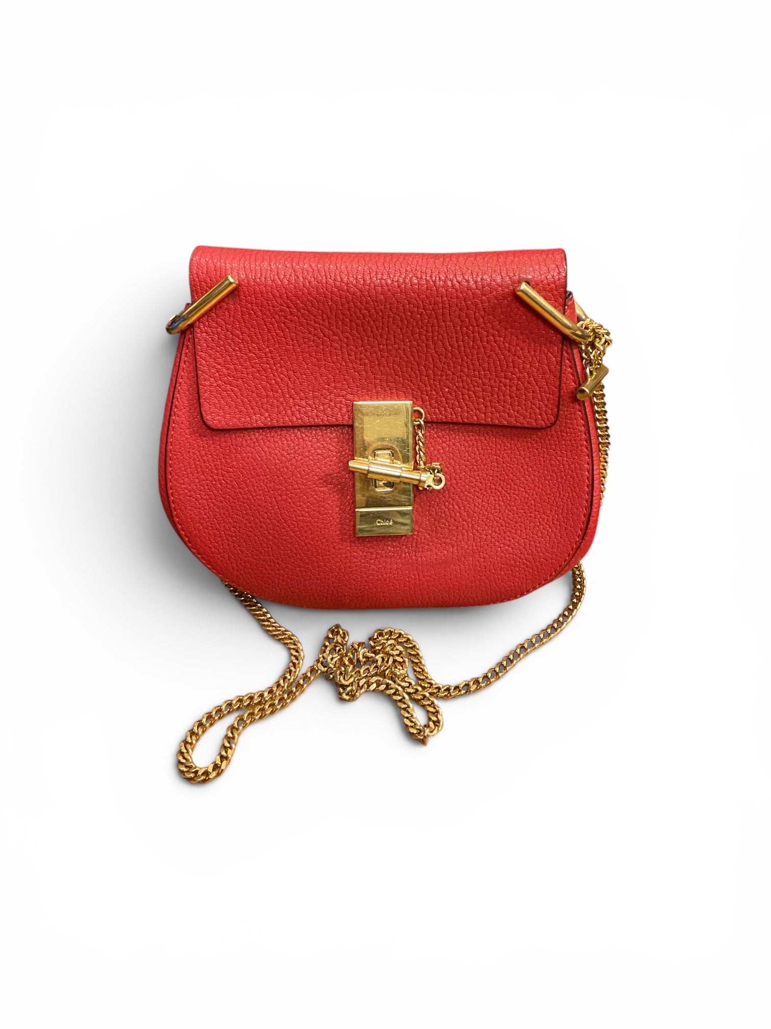 Chloé Drew Mini Crossbody Bag – Red Grained Leather with Gold Hardware