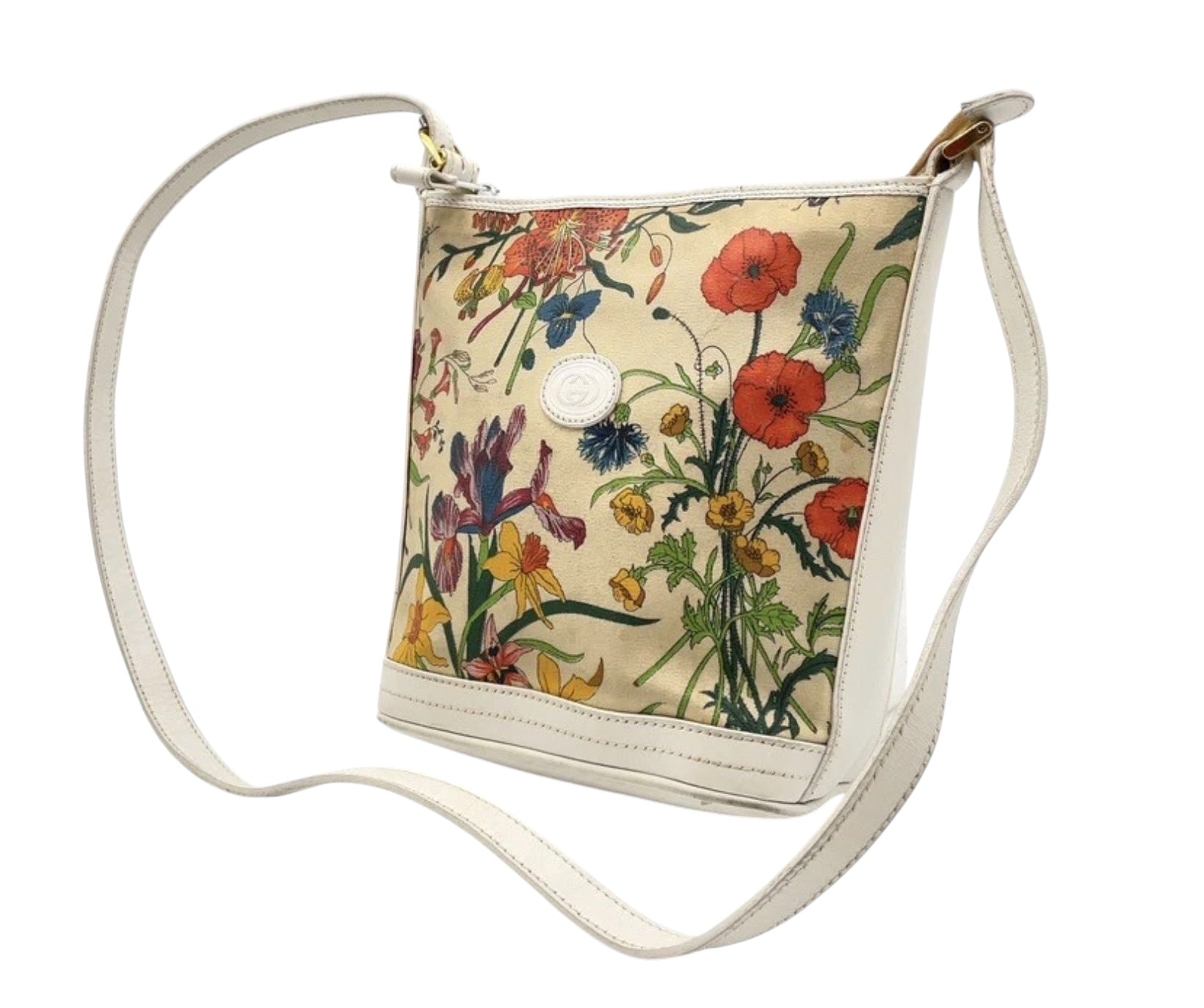 Gucci Flora Floral Canvas & White Leather Crossbody Bag