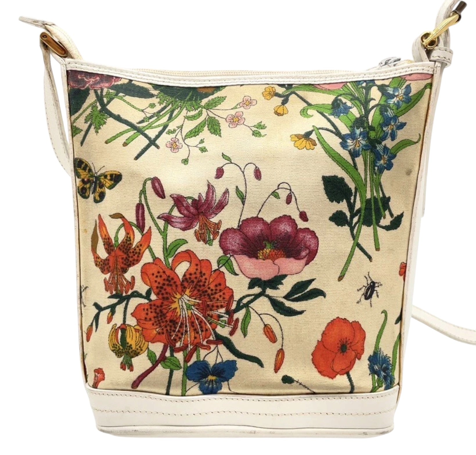 Gucci Flora Floral Canvas & White Leather Crossbody Bag