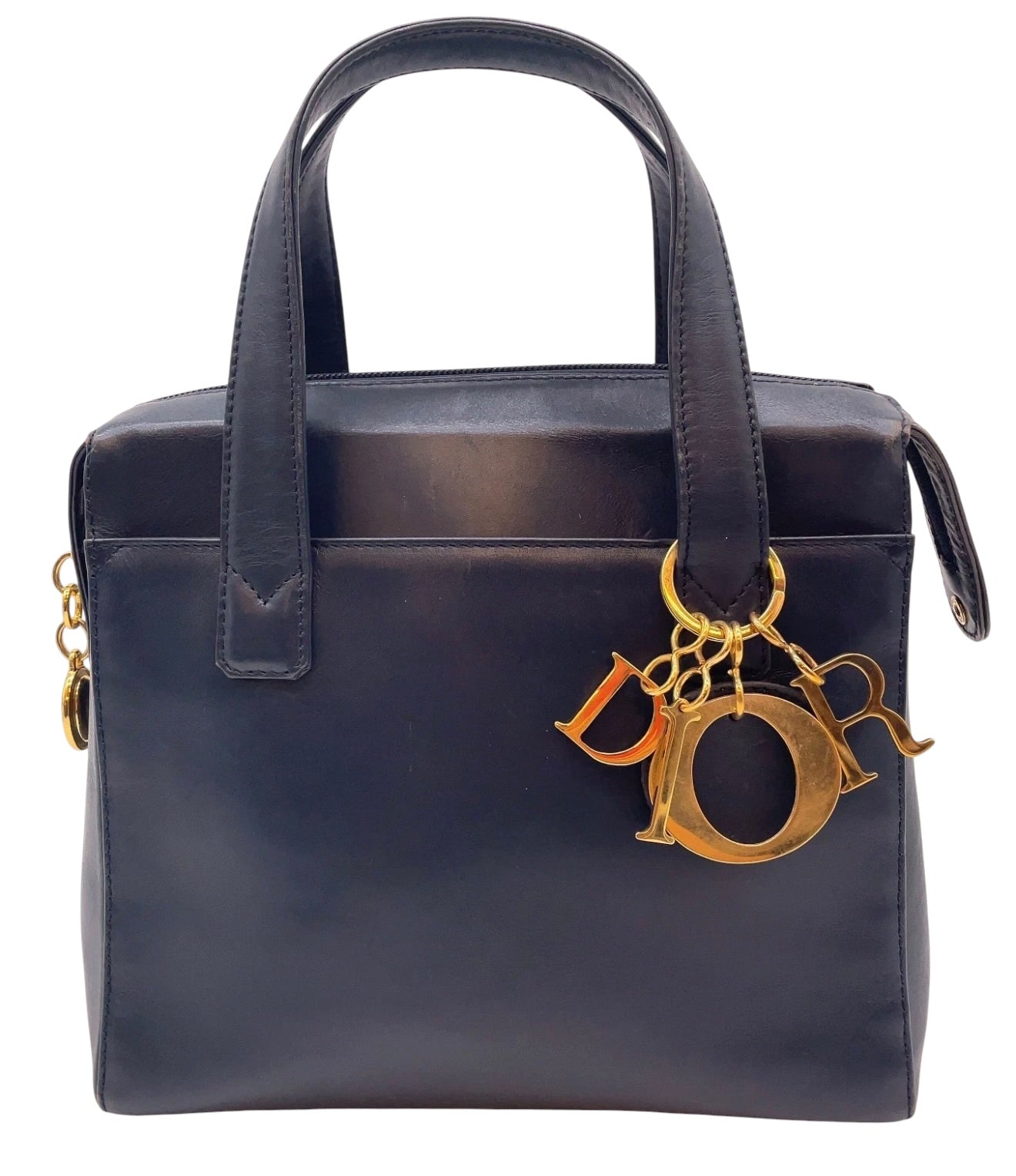 Christian Dior Vintage Navy Leather Small Lady Dior Gold Tone DIOR Charms Top Handle Tote Bag