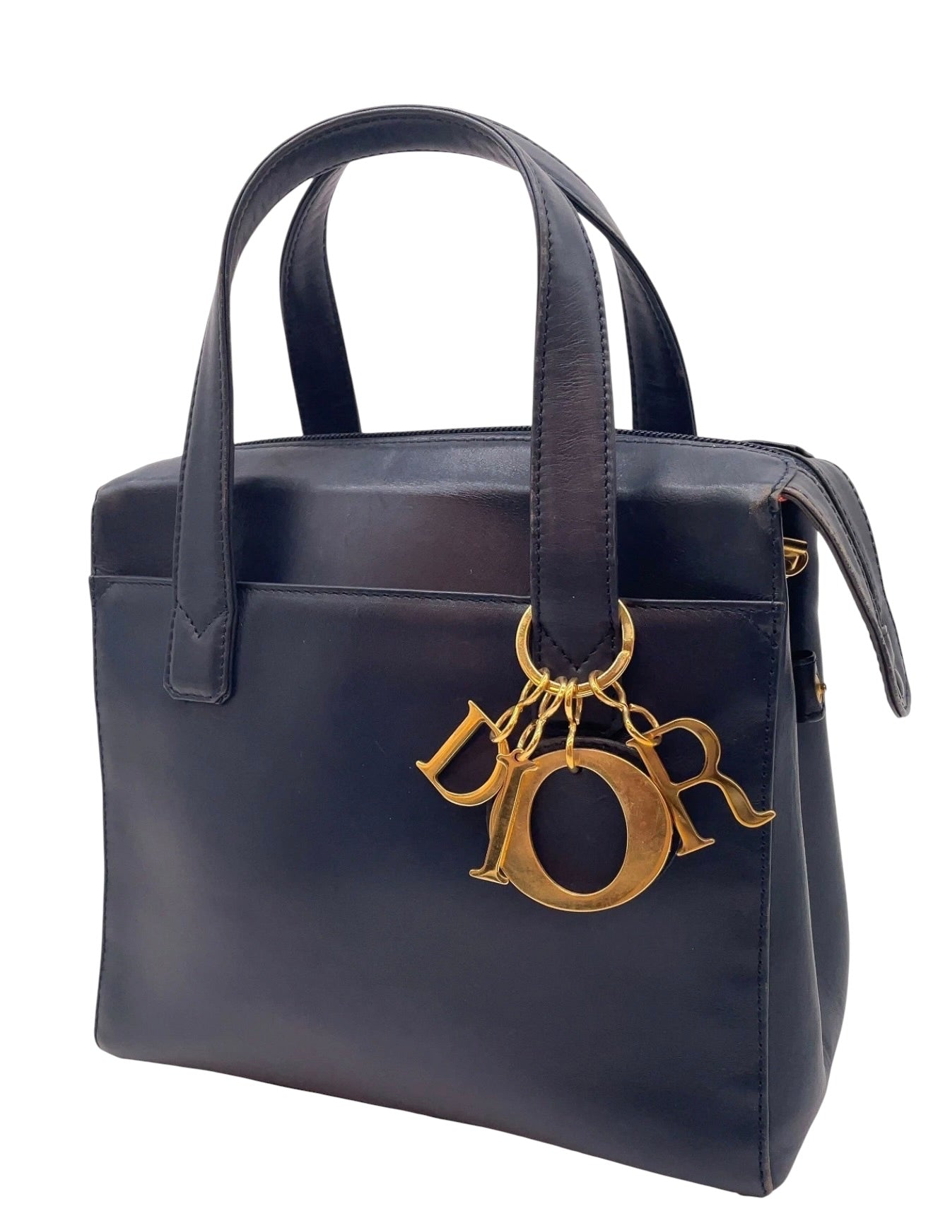 Christian Dior Vintage Navy Leather Small Lady Dior Gold Tone DIOR Charms Top Handle Tote Bag