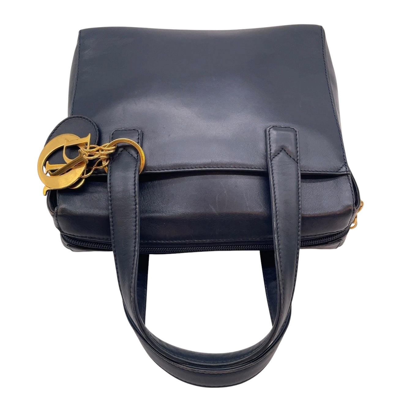 Christian Dior Vintage Navy Leather Small Lady Dior Gold Tone DIOR Charms Top Handle Tote Bag