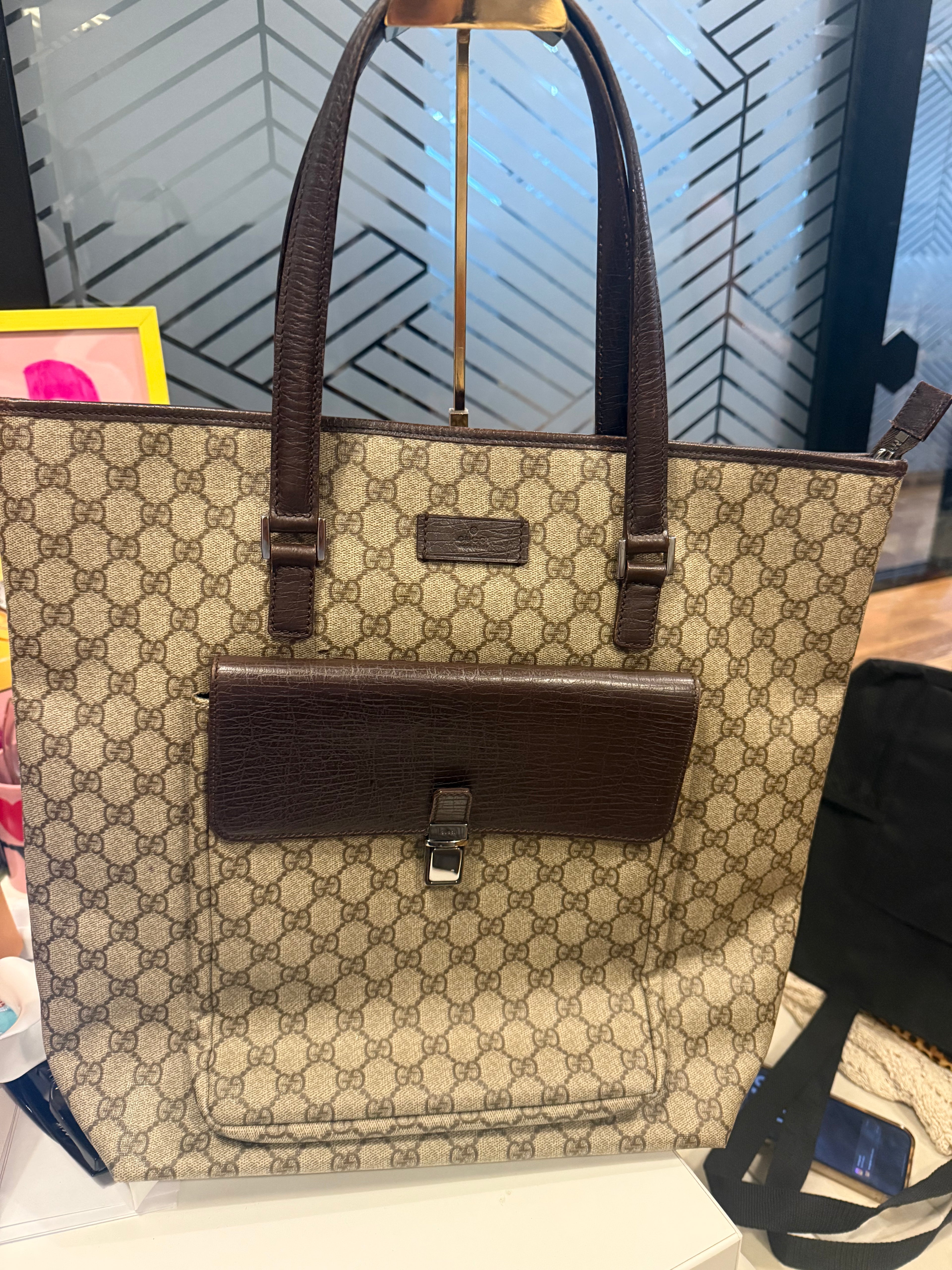 BK Gucci Vintage GG Supreme Monogram Canvas Brown Leather Large Tote Bag