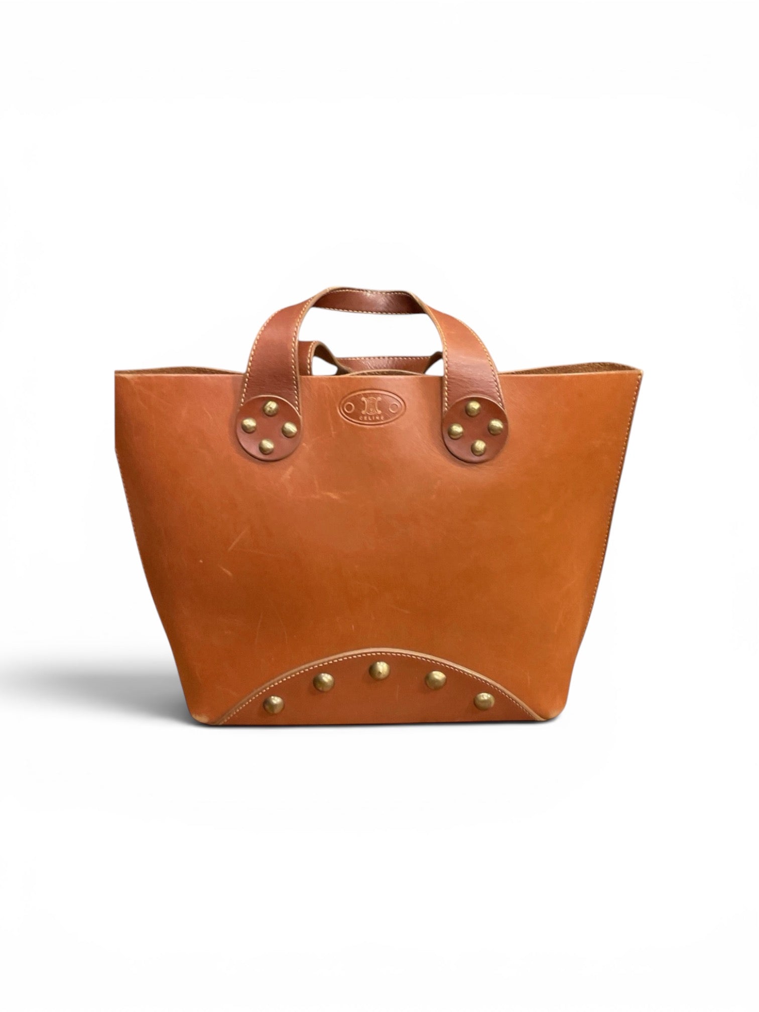 Celine Vintage Tan Leather Tote Bag with Brass Stud Details