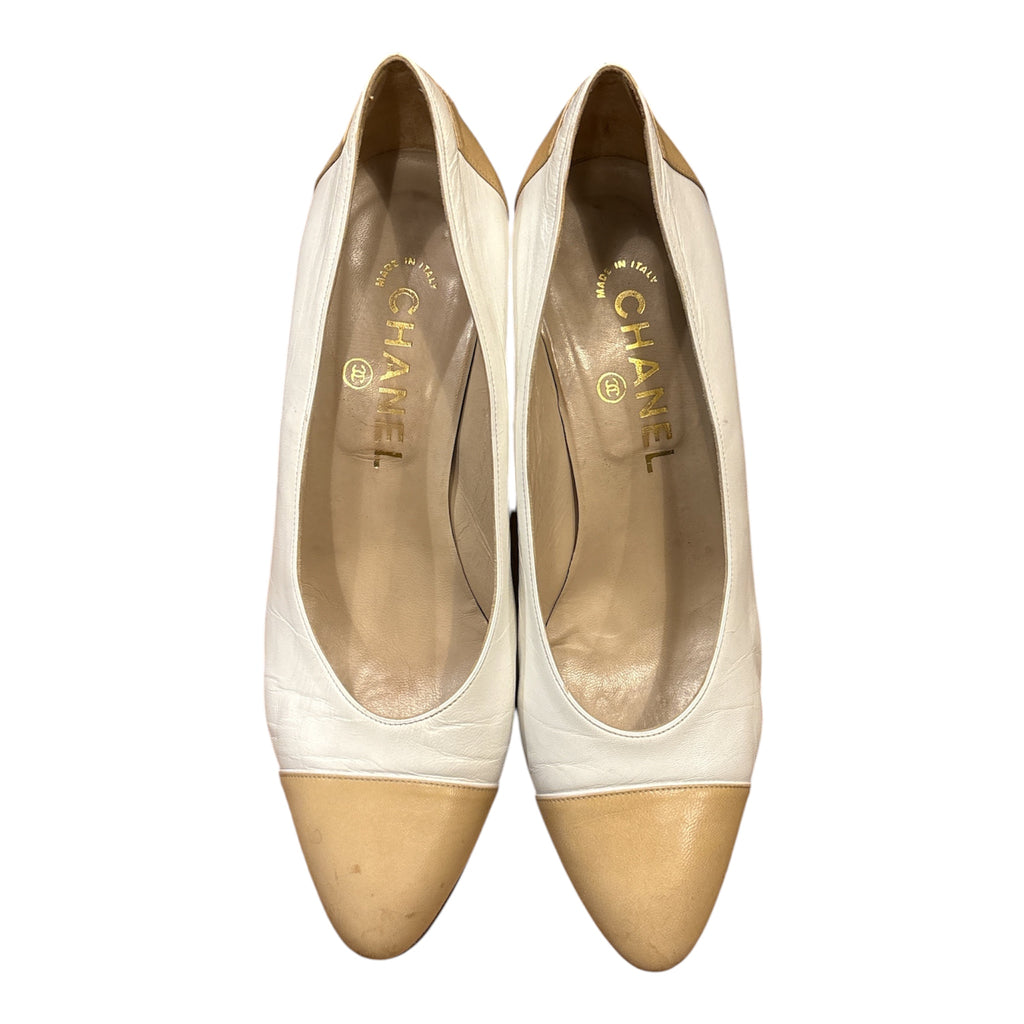 Chanel Beige & Cream Cap Toe Leather Pumps