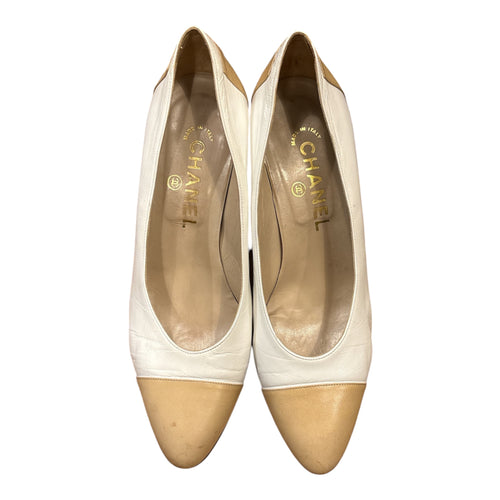 Chanel Beige & Cream Cap Toe Leather Pumps