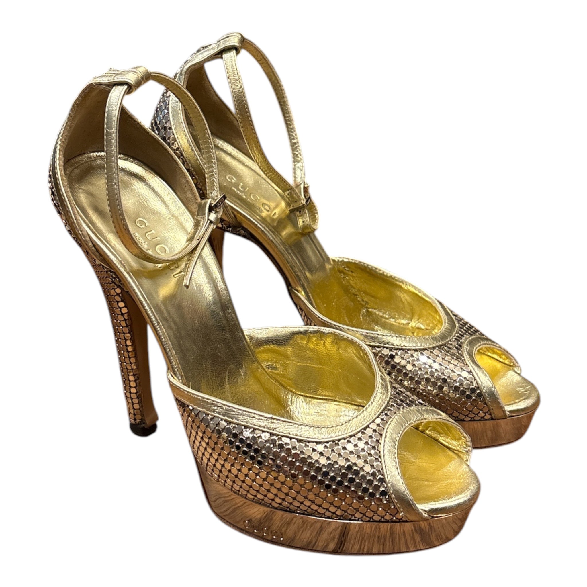 Gucci Gold Metallic Mesh Platform Peep-Toe Pumps Size 34.5