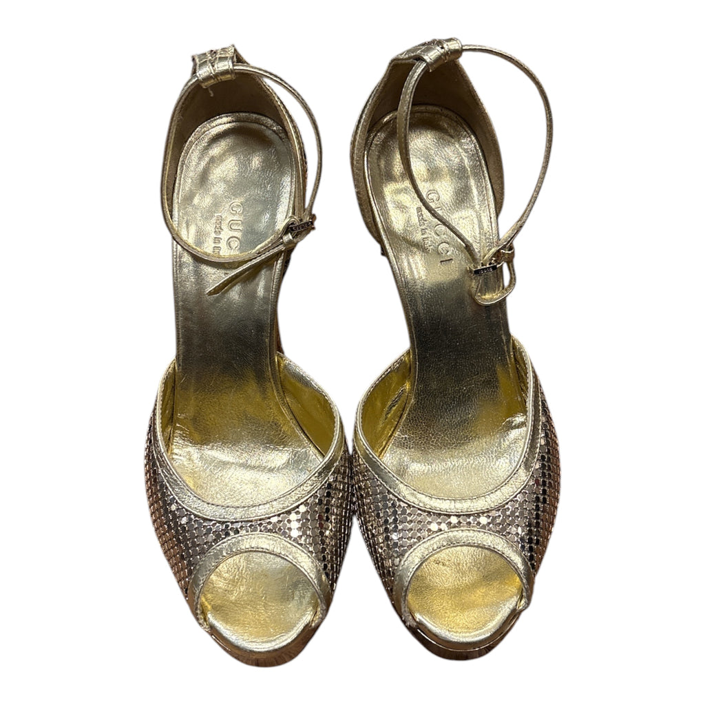Gucci Gold Metallic Mesh Platform Peep-Toe Pumps Size 34.5