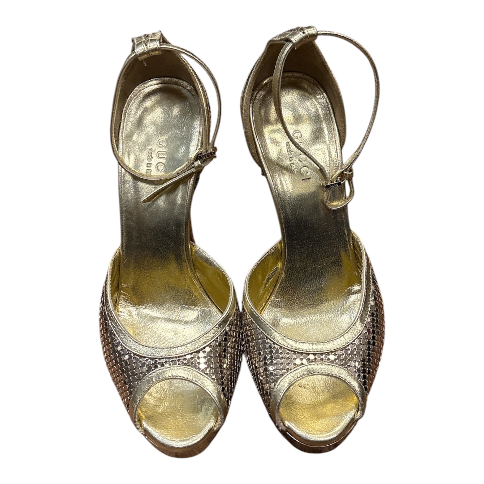 Gucci Gold Metallic Mesh Platform Peep-Toe Pumps Size 34.5