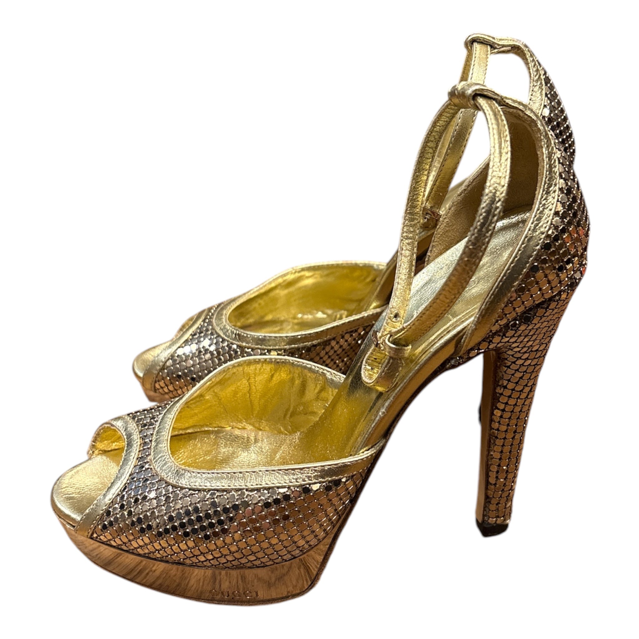Gucci Gold Metallic Mesh Platform Peep-Toe Pumps Size 34.5