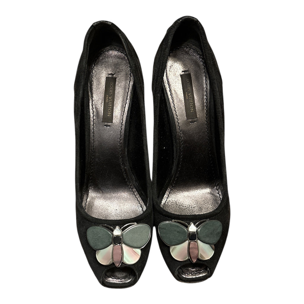 Louis Vuitton Black Suede Butterfly Peep Toe Wedges