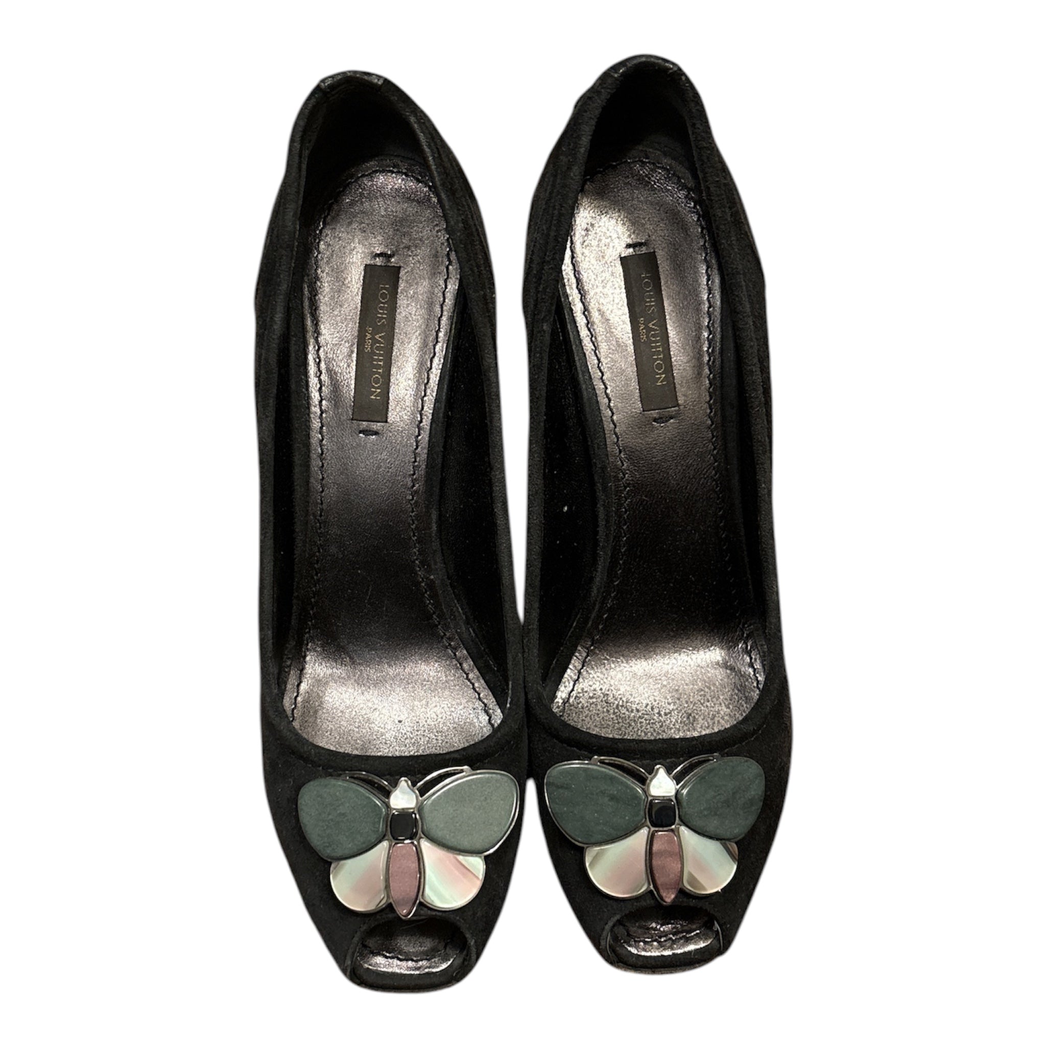 Louis Vuitton Black Suede Butterfly Peep Toe Wedges
