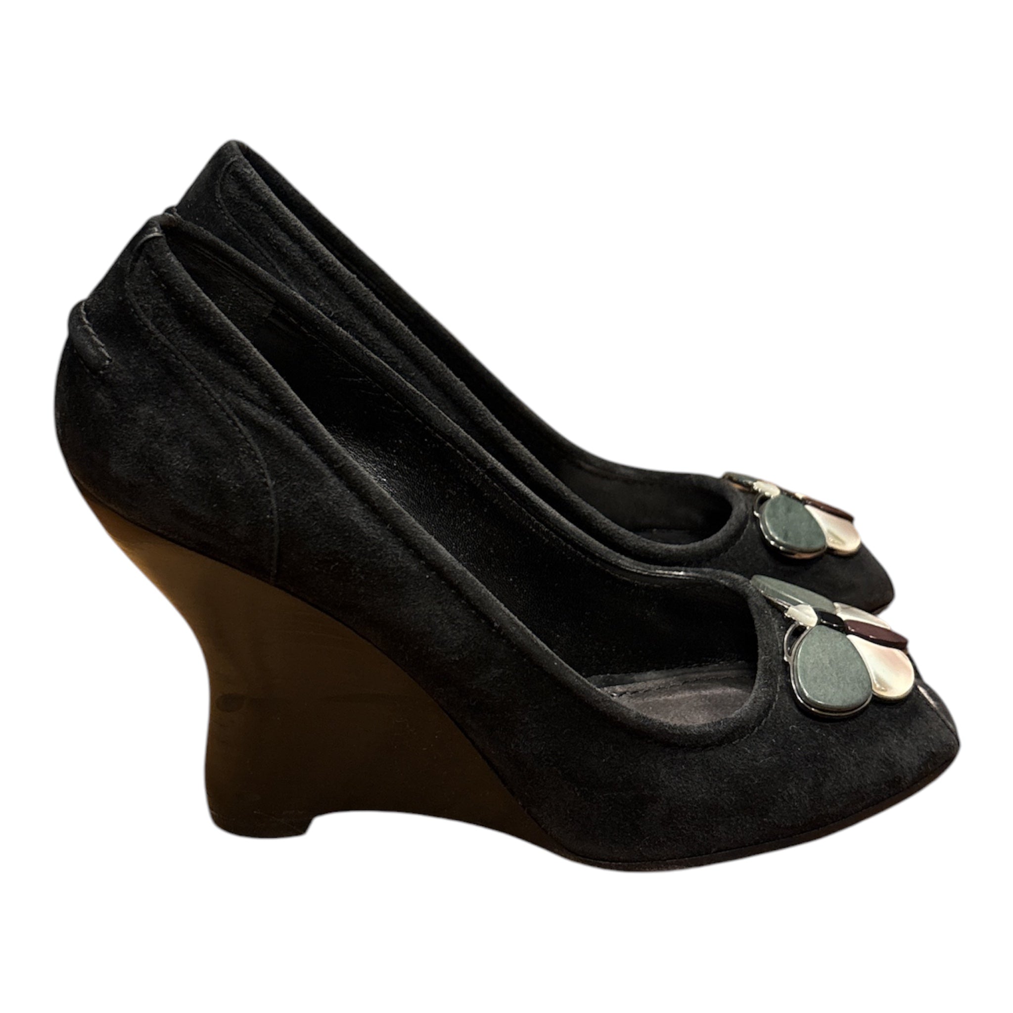 Louis Vuitton Black Suede Butterfly Peep Toe Wedges