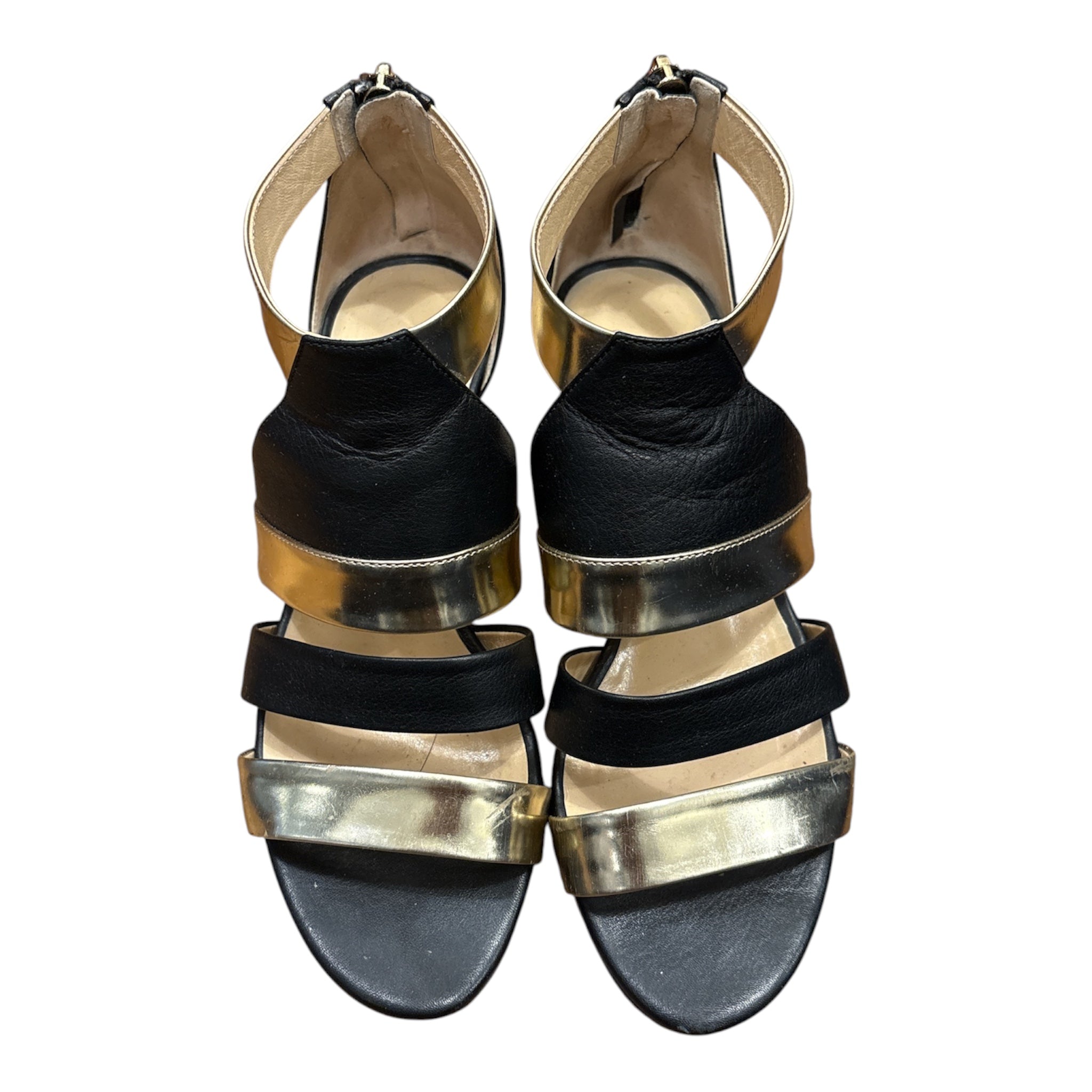Jimmy Choo Black & Metallic Gold Leather Strappy Sandals