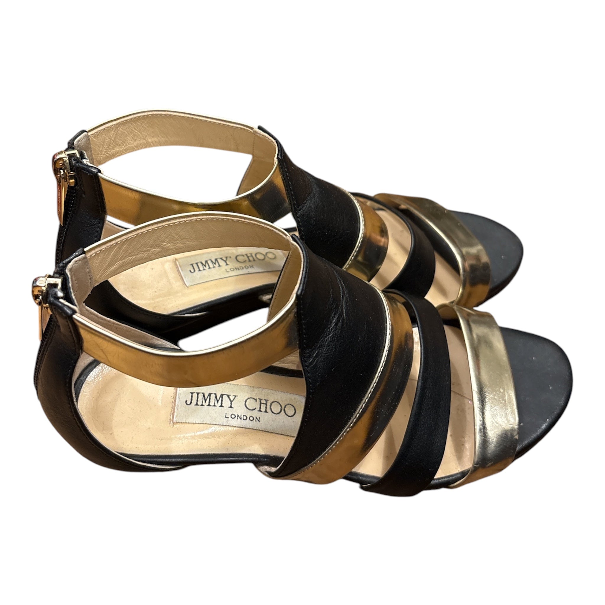 Jimmy Choo Black & Metallic Gold Leather Strappy Sandals