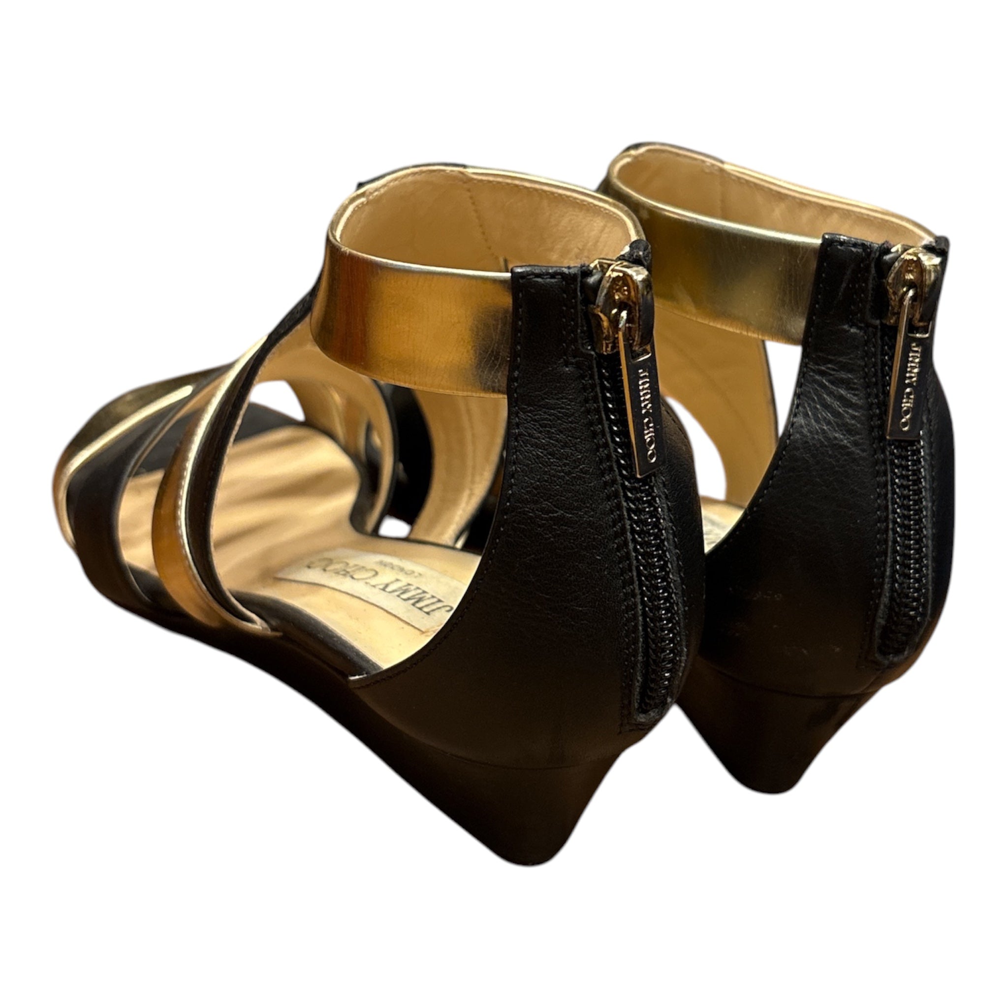 Jimmy Choo Black & Metallic Gold Leather Strappy Sandals