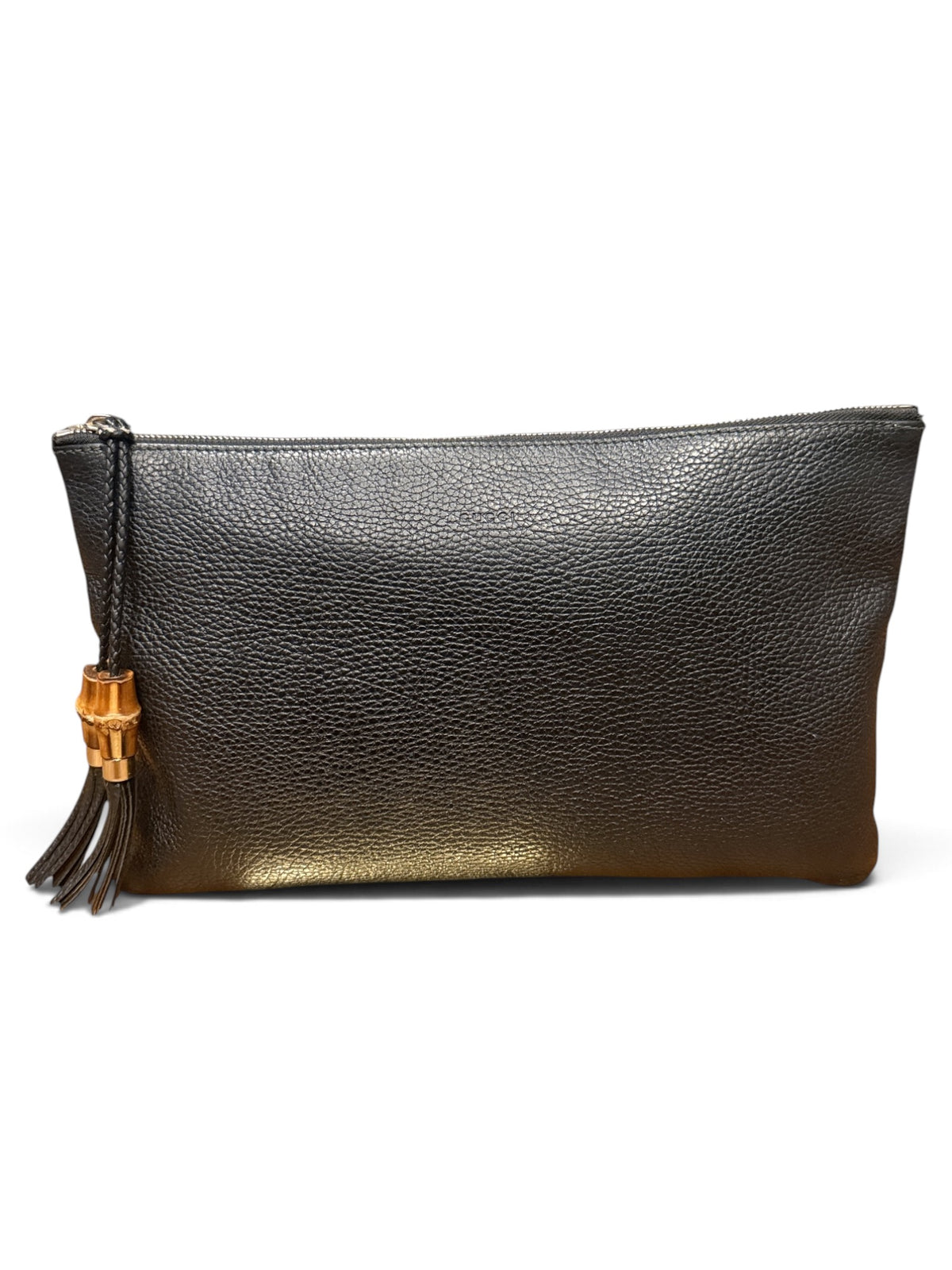 BK Gucci Pebbled Leather Bamboo Tassel Clutch Zip Pouch