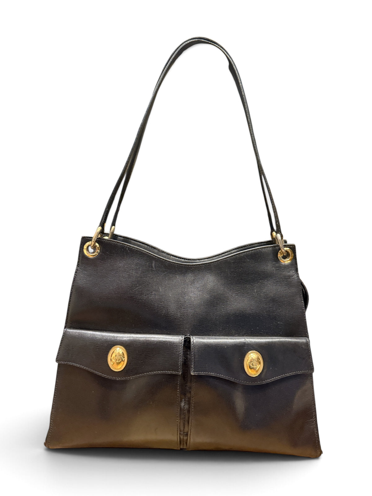 BK Vintage Christian Dior Black Leather Double pocket Shoulder Bag