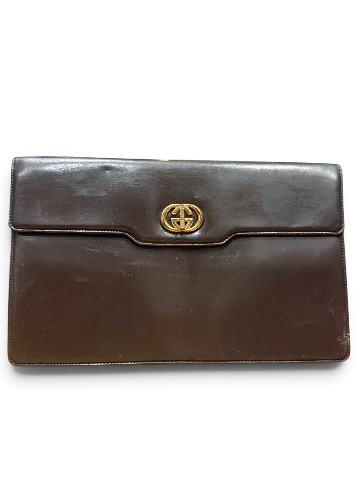 Bk Gucci Vintage Dark Brown Leather GG Medallion Envelope Clutch