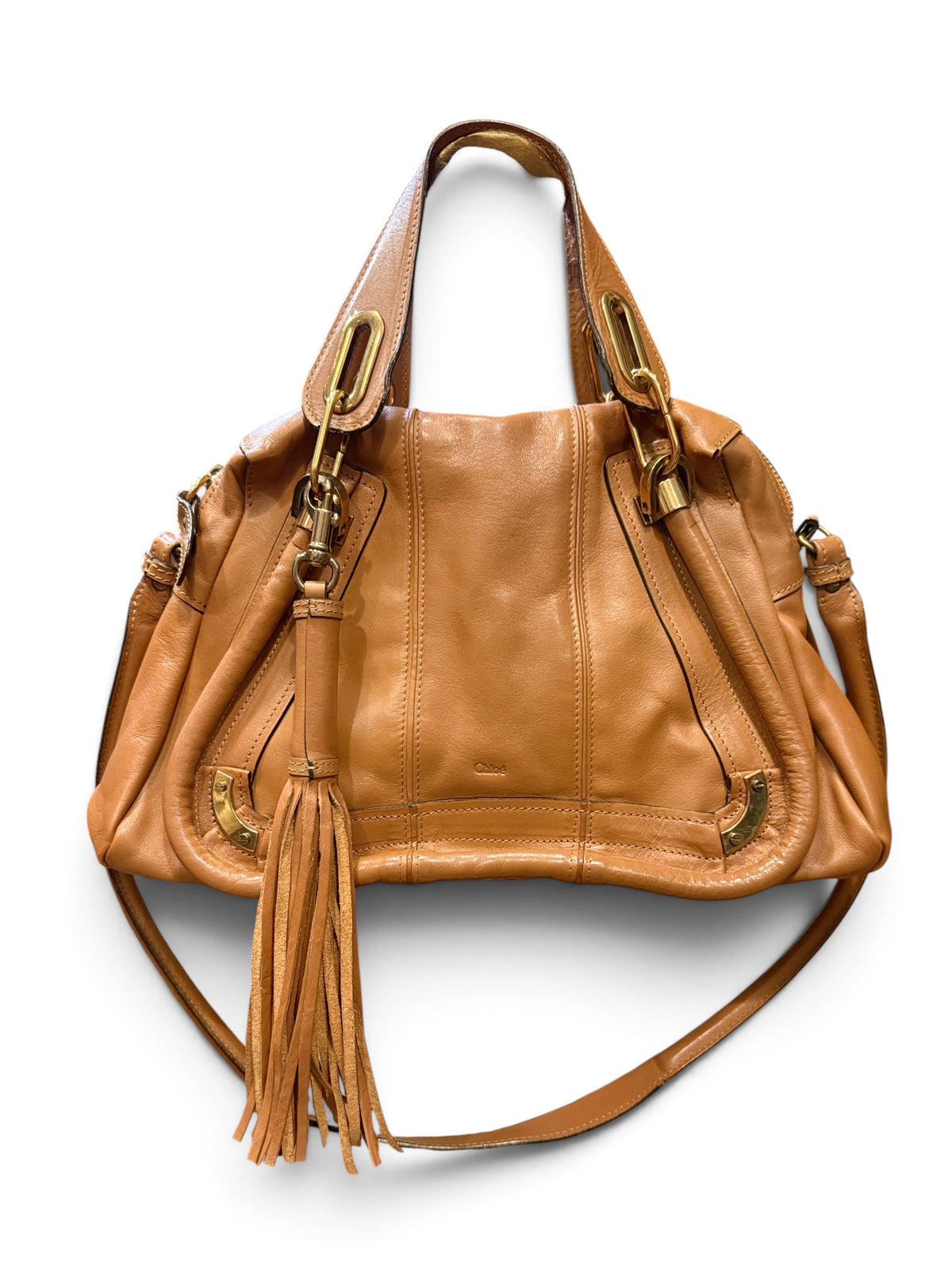 Chloe Paraty Tassel Leather Satchel Bag Tan Caramel Brown