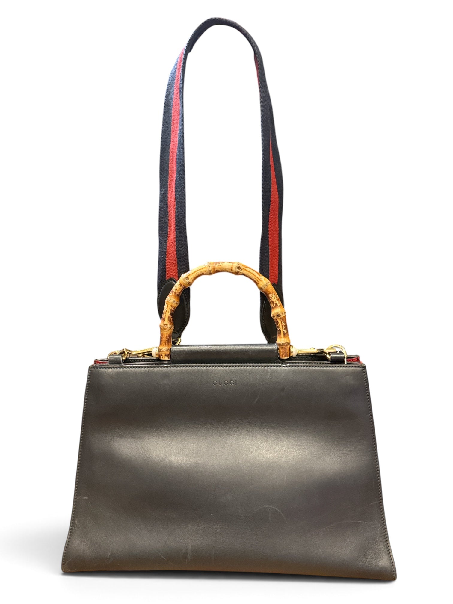 Gucci Vintage Leather Bamboo Sherry Line Pearl Crossbody Tote Bag