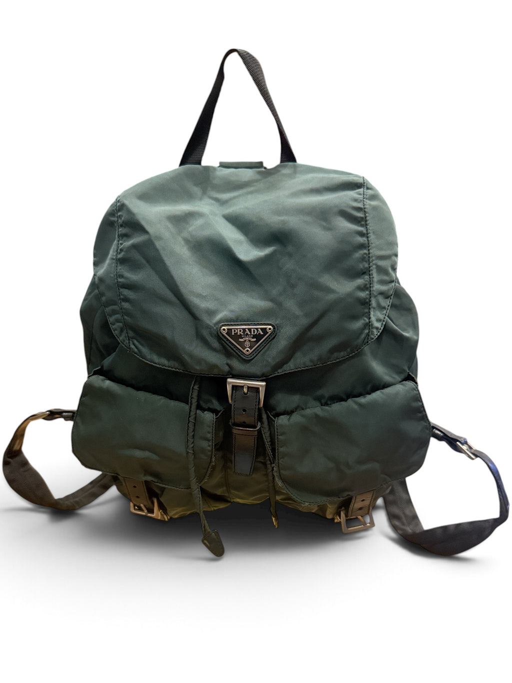 Prada Olive Green Nylon Y2k Backpack – Leather Trim & Double Front Pockets