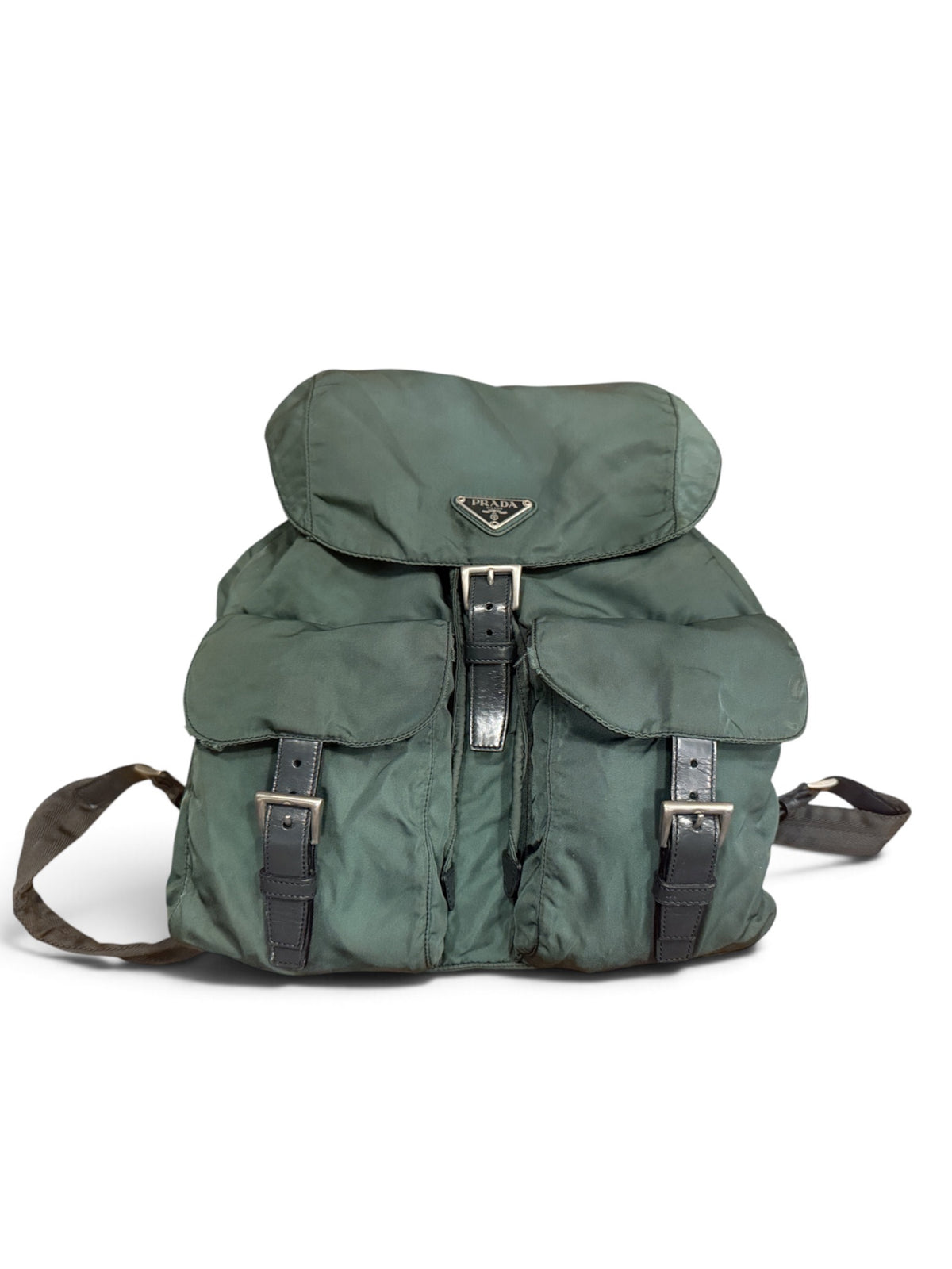 Prada Olive Green Nylon Y2k Backpack – Leather Trim & Double Front Pockets