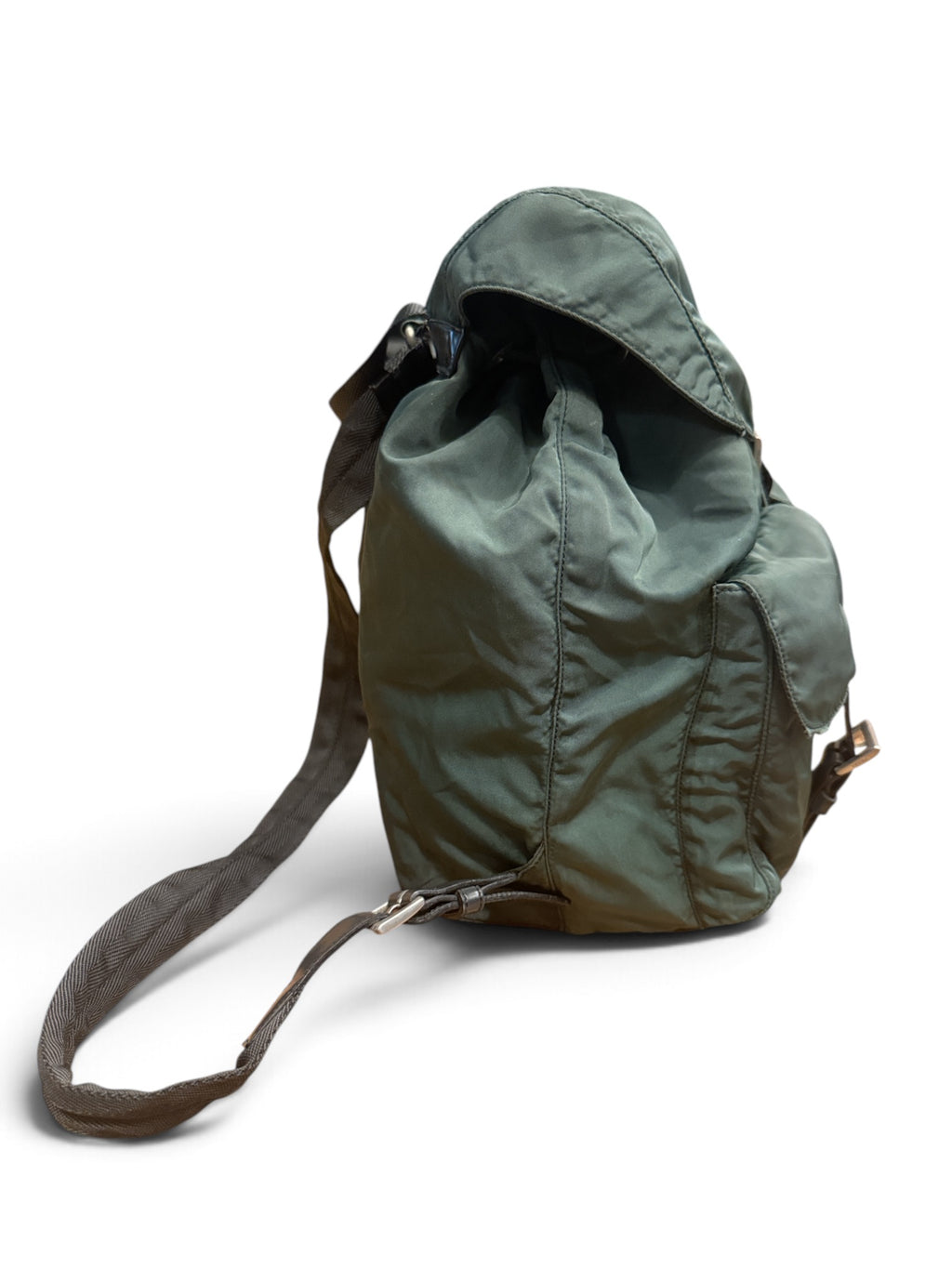 Prada Olive Green Nylon Y2k Backpack – Leather Trim & Double Front Pockets