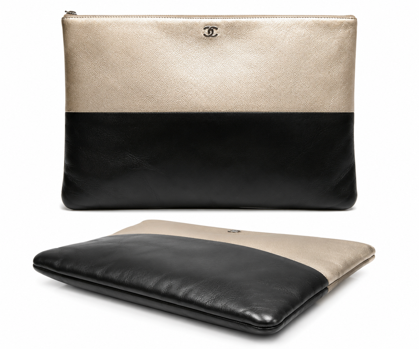 Chanel Gold & Black Leather Zip Pouch / Clutch