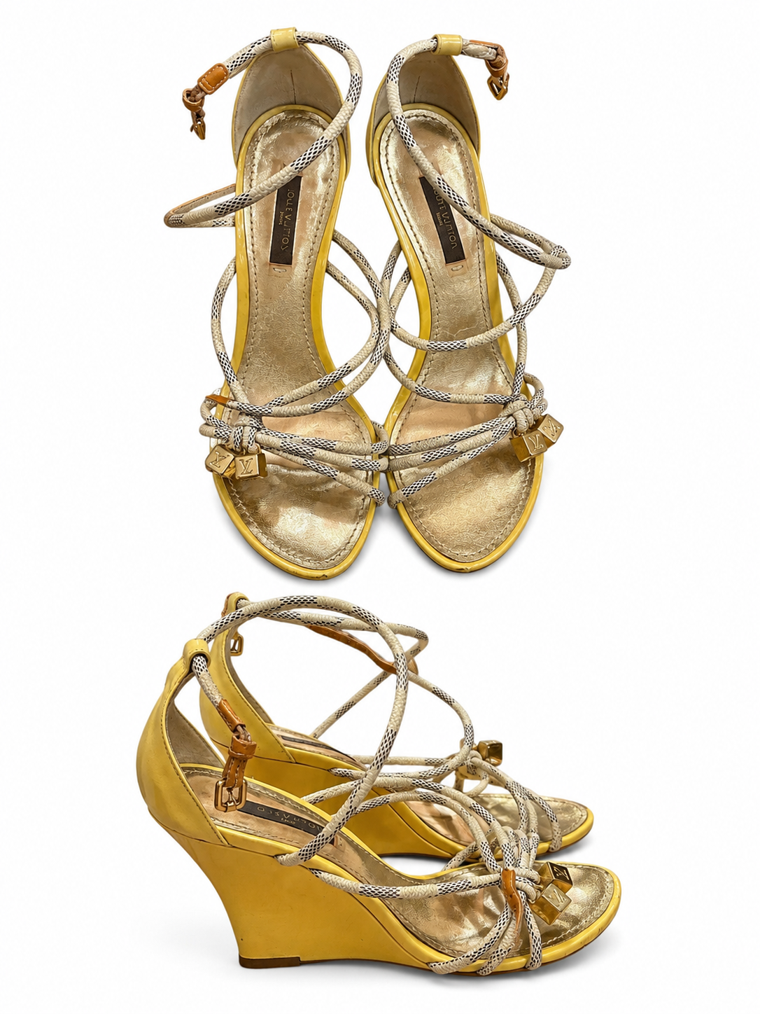Vintage Louis Vuitton Gold Lace-Up Wedge Sandals, Size 36